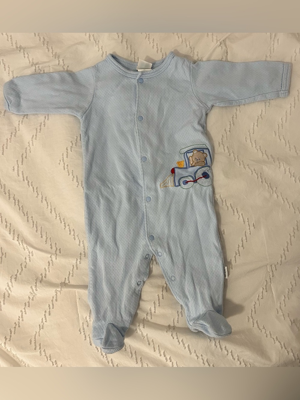 Vintage 90s Little Me Footed Sleeper Baby Boy 6M Blue Embroidered Bear Train VTG